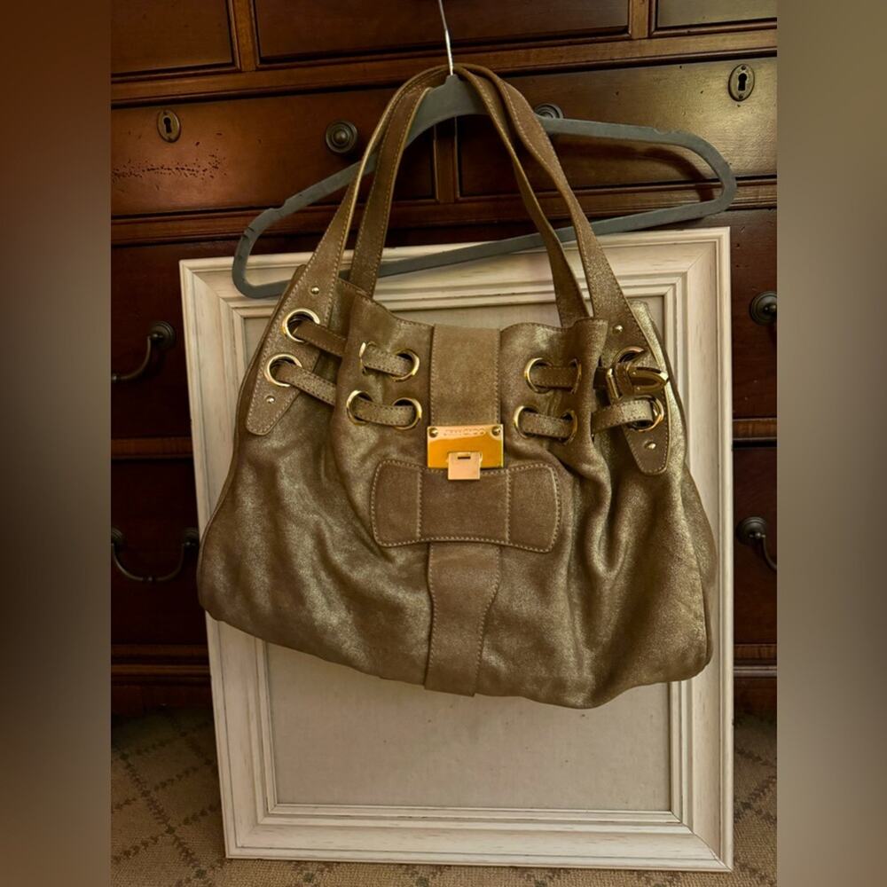Vintage Jimmy Choo Brushed Gold Suede Ramona Tote Bag 2010